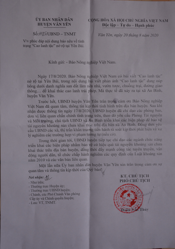 Công văn phản hồi của UBND huyện Văn Yên.