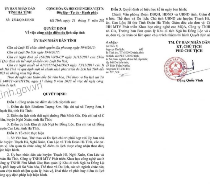 Quyết định công nhận 3 điểm du lịch cấp tỉnh của UBND tỉnh Hà Tĩnh. Ảnh: Hatinh.gov.vn.