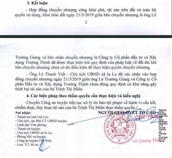 Kết luận của UBND huyện Chư Pưh về sai phạm của ông Lê Thanh Việt, Chủ tịch UBND xã Ia Le. Ảnh: Văn bản.