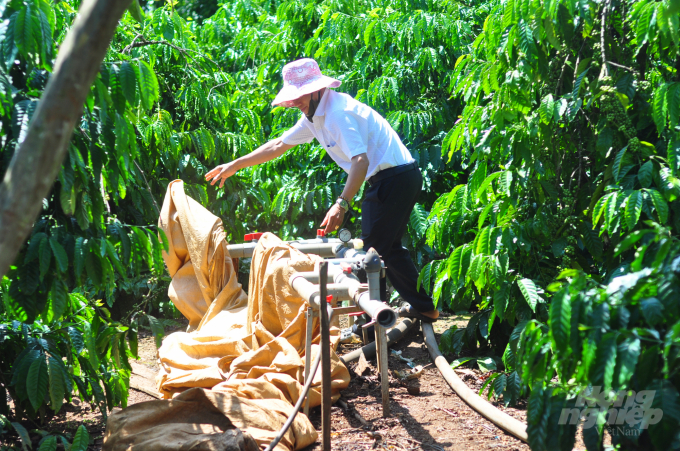Các mô hình tưới nước tiết kiệm phát huy hiệu quả, giúp người trồng cà phê vượt qua mùa khô hạn. Ảnh: Minh Hậu.