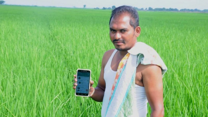 Ông Voruganti Surendra, một nông dân Ấn Độ, khoe dữ liệu về cánh đồng trên điện thoại. Ảnh: PEAT.