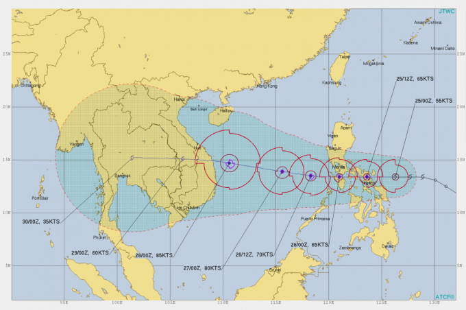 Dự báo sức mạnh và đường đi của bão số 9 trên trang cảnh báo bão của Hải quân Mỹ (JTWC).