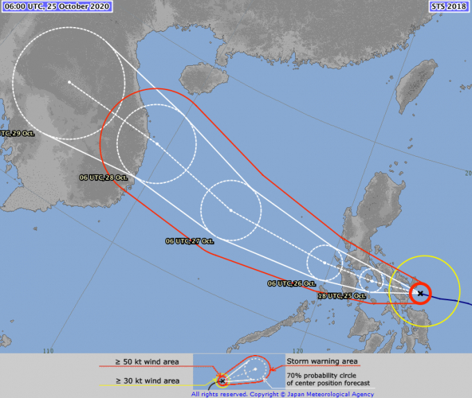 Dự báo sức mạnh và đường đi của bão số 9 trên trang mạng của Cơ quan khí tượng Nhật Bản (JMA).