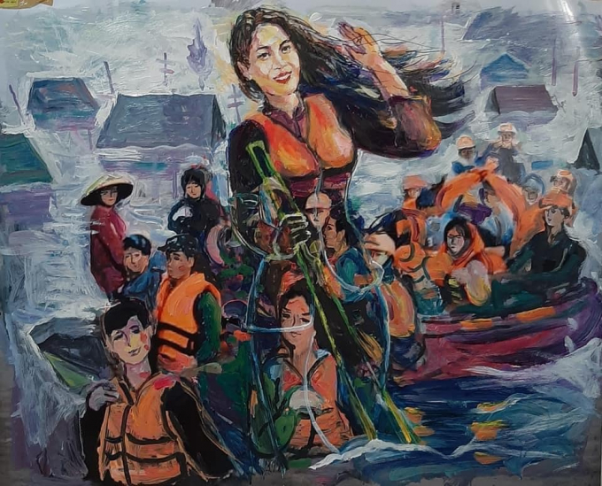 Công tác cứu trợ bão lụt miền Trung, qua nét vẽ của họa sĩ Vi Quốc Hiệp.