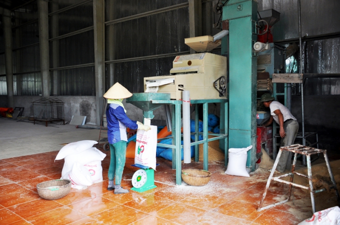 Công nhân HTX Hoa Phong, TX Đông Triều (Quảng Ninh) đóng gói sản phẩm gạo nếp cái hoa vàng, công việc áp dụng gần như toàn bộ bằng công nghệ và máy móc. Ảnh: VP Đông Bắc.