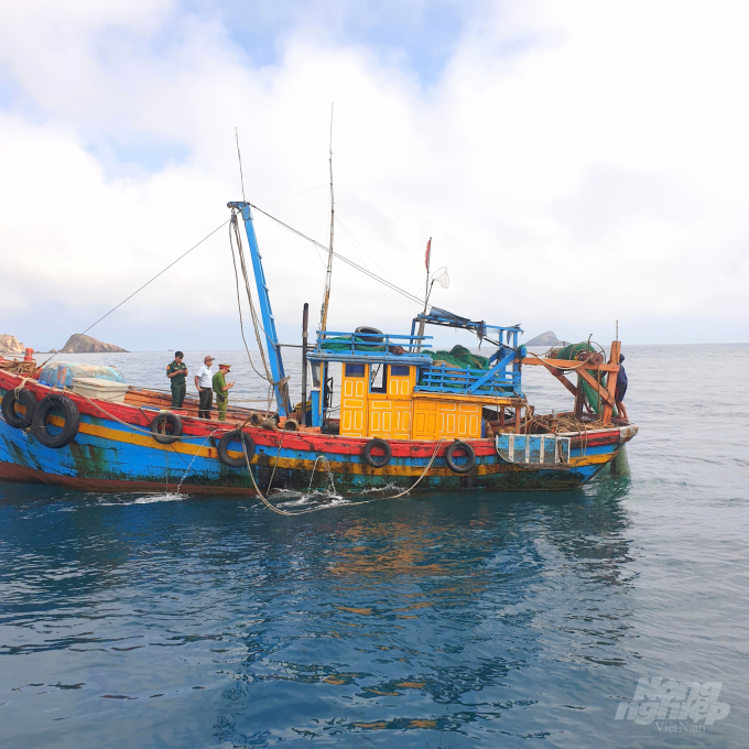 Tổ công tác liên ngành ở Bình Định kiểm tra tàu cá đánh bắt gần bờ. Ảnh: Vũ Đình Thung.