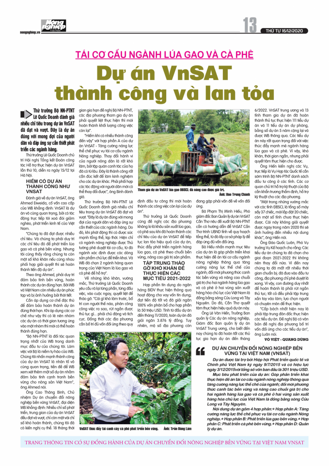 Bài về dự án VnSAT đăng trên Báo Nông nghiệp Việt Nam ngày 16/12/2020.  Ảnh: Lê Tấn.