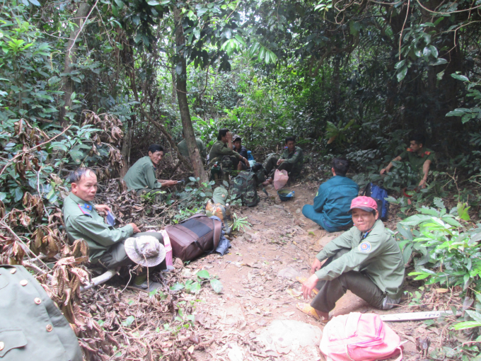 Lực lượng quản lý bảo vệ rừng tạm nghỉ giữa trưa trong quá trình tuần tra rừng. Ảnh: QT.