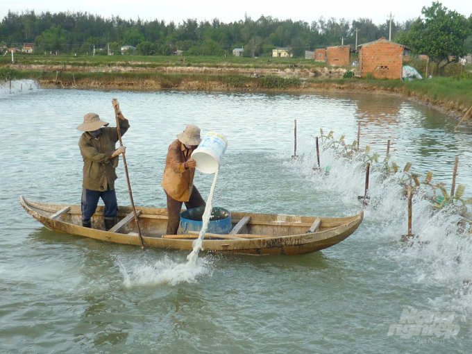 Người nuôi tôm ở Bình Định đang dùng hóa chất xử lý nguồn nước nuôi trước khi thả giống. Ảnh: Vũ Đình Thung.