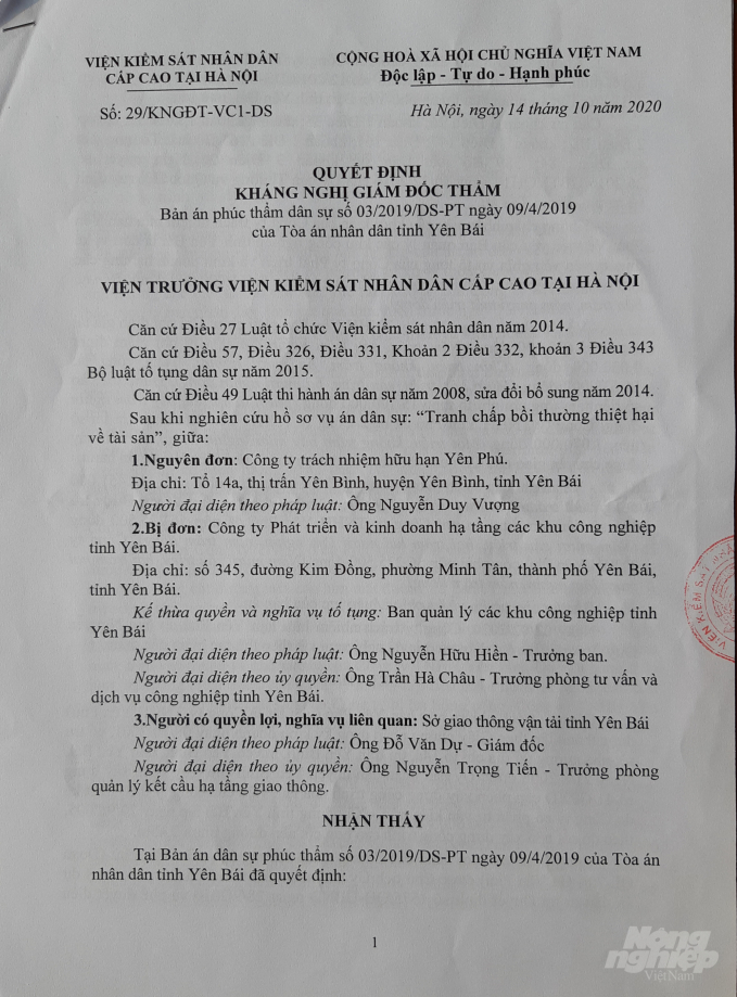 Trang 1 Quyết định kháng nghị của Viện Kiểm sát nhân dân cấp cao tại Hà Nội.