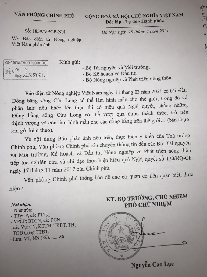 Văn bản dẫn chỉ đạo của Thủ tướng gửi các bộ nghiên cứu thực hiện vấn đề Báo Nông nghiệp Việt Nam nêu về ĐBSCL.