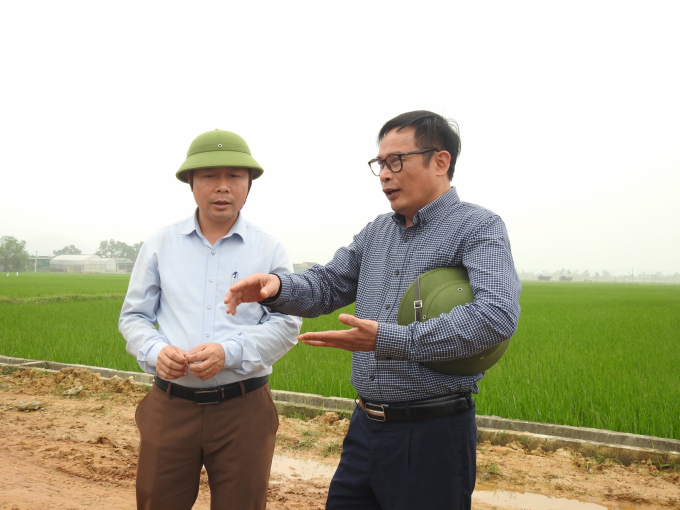 Cục trưởng Cục trồng trọt Nguyễn Như Cường (bên phải) đề nghị ngành chuyên môn Hà Tĩnh tập trung phòng bệnh đạo ôn trong bối cảnh thời tiết mưa, ẩm, âm u. Ảnh: Thanh Nga.
