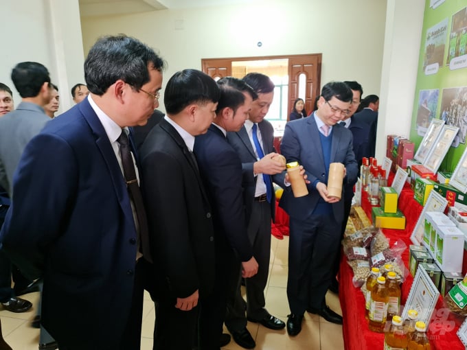 Sản phẩm chè của HTX dịch vụ sản xuất nông nghiệp Sử Anh được trưng bày tại sự kiện giới thiệu sản phẩm OCOP của tỉnh Tuyên Quang. Ảnh: Đào Thanh.