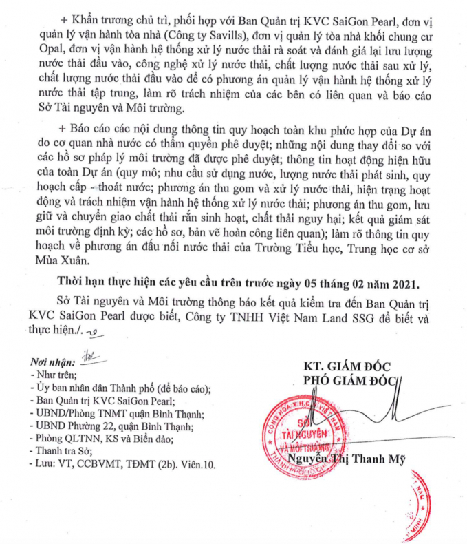 Văn bản gửi chủ đầu tư ViệtNam Land SSG lần thứ 2, ngày 21/1/2021 yêu cầu chủ đầu tư có báo cáo về các nội dung đoàn kiểm tra yêu cầu. Ảnh: Văn bản.