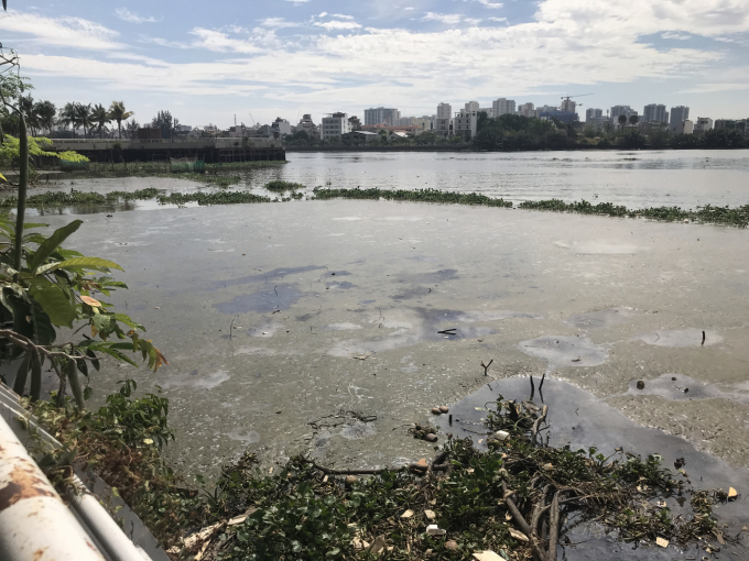 Sông Sài Gòn đoạn nằm sát dọc theo hệ thống xử lý thải của KDC Saigon Pearl chứa đầy rác, nước đặc sệt, bốc mùi nồng nặc. Liệu có phải do nước thải từ KDC Saigon Pearl? Ảnh: Phúc Lập.