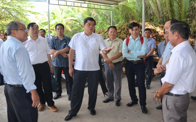 Thứ trưởng Trần Thanh Nam trao đổi với ngành chức năng và lãnh đạo huyện Giồng Trôm về sản xuất dừa hữu cơ ở Bến Tre. Ảnh: Minh Đảm.