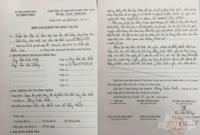 Tháng 6/2019, UBND xã Thống Nhất đã lập biên bản về hành vi san hạ mặt bằng xây dựng công trình trên đất rừng sản xuất tại khu vực đỉnh Cun đối với ông Đặng Anh Tuấn - Giám đốc Công ty TNHH Thương mại và Dịch vụ Anh Đặng, chủ đầu tư dự án Kami Cun Hill. Ảnh: Minh Phúc.