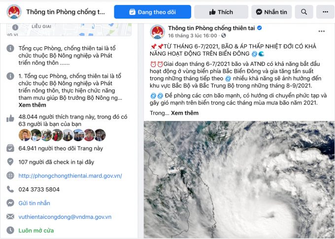 Trang Fanpage Thông tin phòng chống thiên tai do Tổng cục Phòng, chống thiên tai quản lý đã thu hút khoảng 65.000 người theo dõi sau gần 3 năm hoạt động.