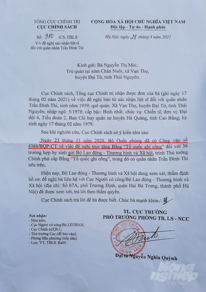 Công văn của Cục Chính sách, Tổng cục Chính trị gửi gia đình cụ Mùi thể hiện hồ sơ của Liệt sỹ Trần Đình Thi đã gửi sang Bộ Lao động, Thương binh và Xã hội từ ngày 23/11/2020. Ảnh: Toán Nguyễn.