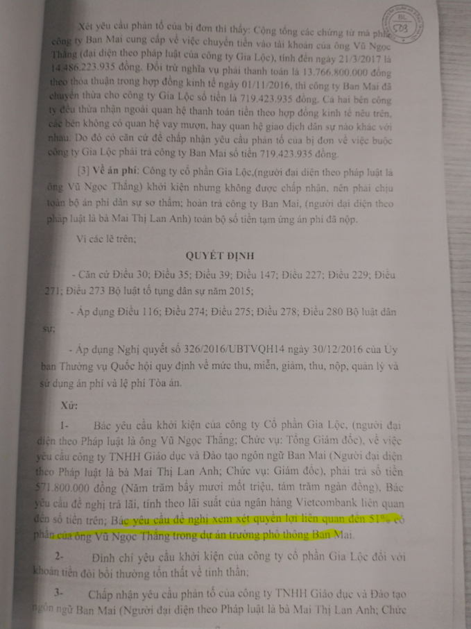 Dù không yêu cầu nhưng tòa án vẫn đưa nội dung liên quan đến quyền lợi liên quan đến 51% cổ phần của ông Vũ Ngọc Thắng vào Bản án.