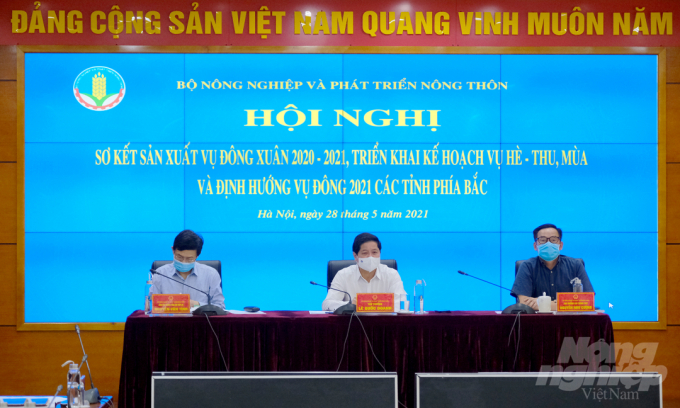 Thứ trưởng Lê Quốc Doanh chủ trì Hội nghị sơ kết cùng Tổng cục trưởng Tổng cục Thủy lợi Nguyễn Văn Tỉnh và Cục trưởng Cục Trồng trọt Nguyễn Như Cường. Ảnh: Bảo Thắng.