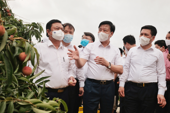 Bộ trưởng Bộ NN-PTNT Lê Minh Hoan (bên trái), Bộ trưởng Bộ Công Thương Nguyễn Hồng Diên (bên phải) cùng lãnh đạo tỉnh Hải Dương tham dự sự kiện xuất khẩu lô vải thiều Hải Dương năm 2021. Ảnh: Chí Tuệ.