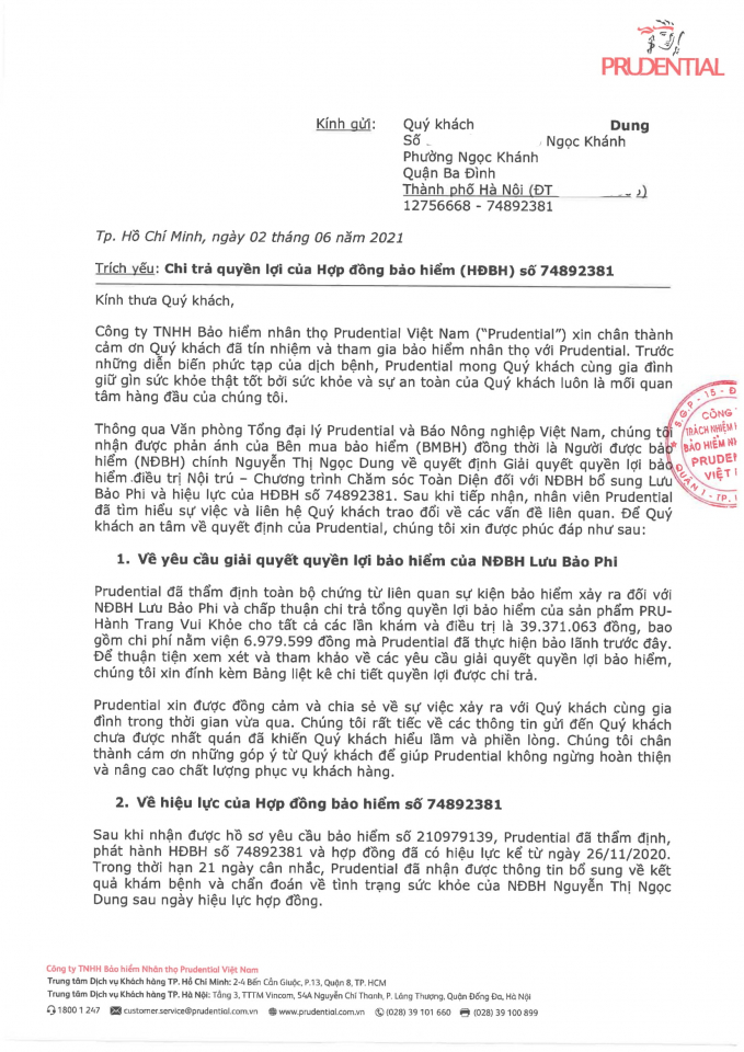 Trích yếu: 'Chi trả quyền lợi của Hợp đồng bảo hiểm số 74892381.
