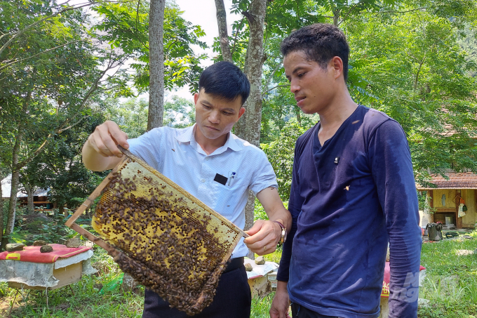 Ông Lê Văn Thiện, Phó Chủ tịch UBND xã Yên Nhân hướng dẫn kỹ thuật nuôi ong lấy mật  bằng tổ vuông cho đồng bào dân tộc Thái xã Yên Nhân. Ảnh: VD.