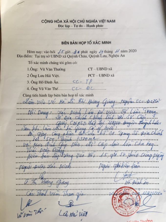 Biên bản cuộc họp của UBND xã Quỳnh Châu với bà Lê Thị Hương Giang.