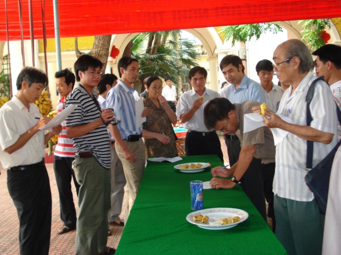 GS. Viện sĩ Đào Thế Tuấn (ngoài cùng bên phải và TS. Vũ Trọng Bình thứ ba từ phải sang) làm chỉ dẫn địa lý chuối ngự Đại Hoàng - Hà Nam.