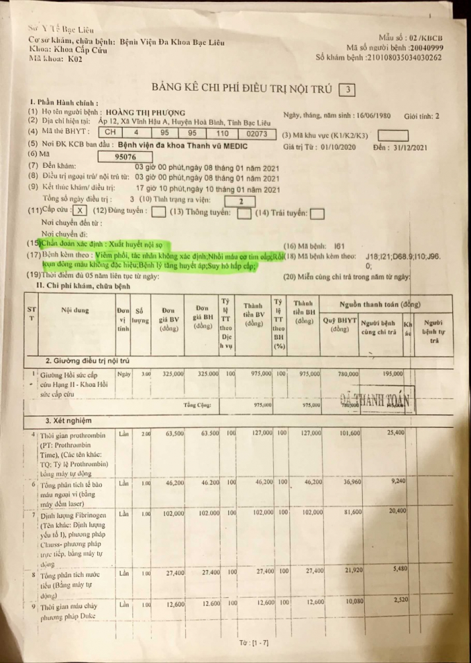Bảng kê chi phí điều trị thể hiện tình trạng bệnh lý của bệnh nhân Hoàng Thị Phượng.