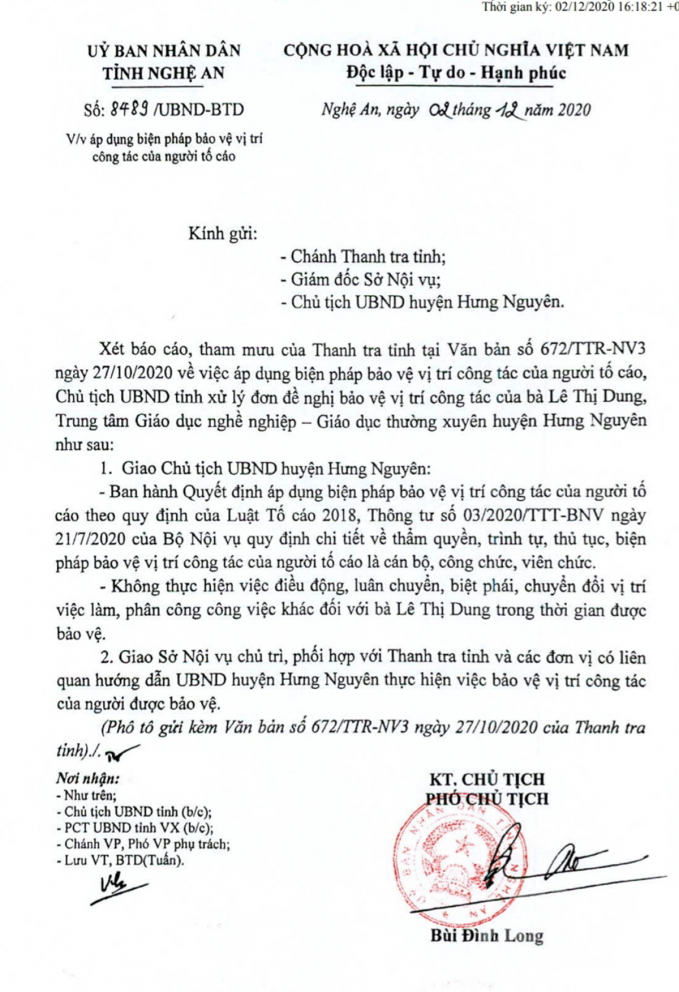 Sở dĩ bà Lê Thị Dung vẫn 'chắc chân' Giám đốc Trung tâm GDNN-GDTX huyện Hưng Nguyên bất chấp hàng loạt vấn đề là do được áp dụng bảo vệ vị trí công tác đối với... người tố cáo.