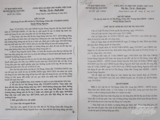 UBND huyện Hưng Nguyên đã ban hành nhiều Quyết định liên quan đến sai phạm của bà Lê Thị Dung, Giám đốc Trung tâm GDNN-GDTX. Ảnh: Việt Khánh.