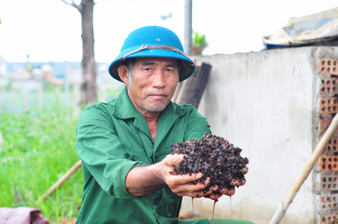 Để giảm chi phí đầu vào, gia đình ông Bạch Văn Pha tự ủ phân hữu cơ để bón cho cà phê. Ảnh: Minh Hậu.