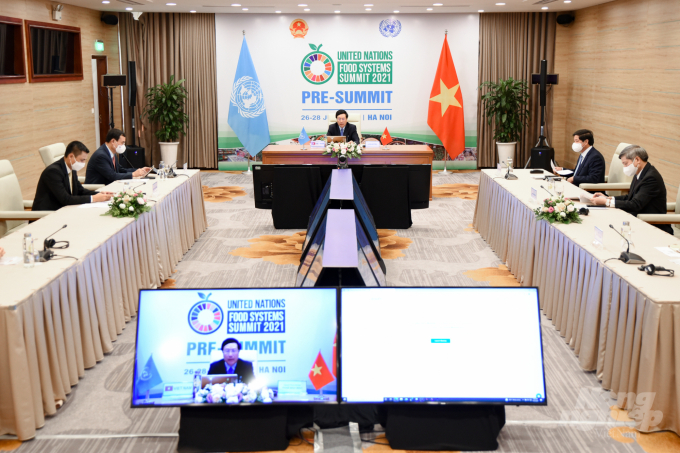 Phó Thủ tướng Phạm Bình Minh tham dự trực tuyến và phát biểu mở đầu Phiên họp Cấp cao về 'Thúc đẩy sáng tạo ở các quốc gia để chuyển đổi các Hệ thống Lương thực thực phẩm (LTTP)'. Ảnh: Tùng Đinh.