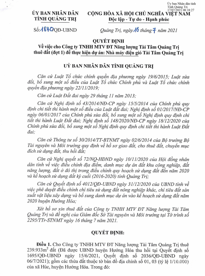 Mãi đến 16/7/2021 Công ty TNHH MTV đầu tư năng lượng Tài Tâm Quảng Trị mới có quyết định thuê đất đợt 1.