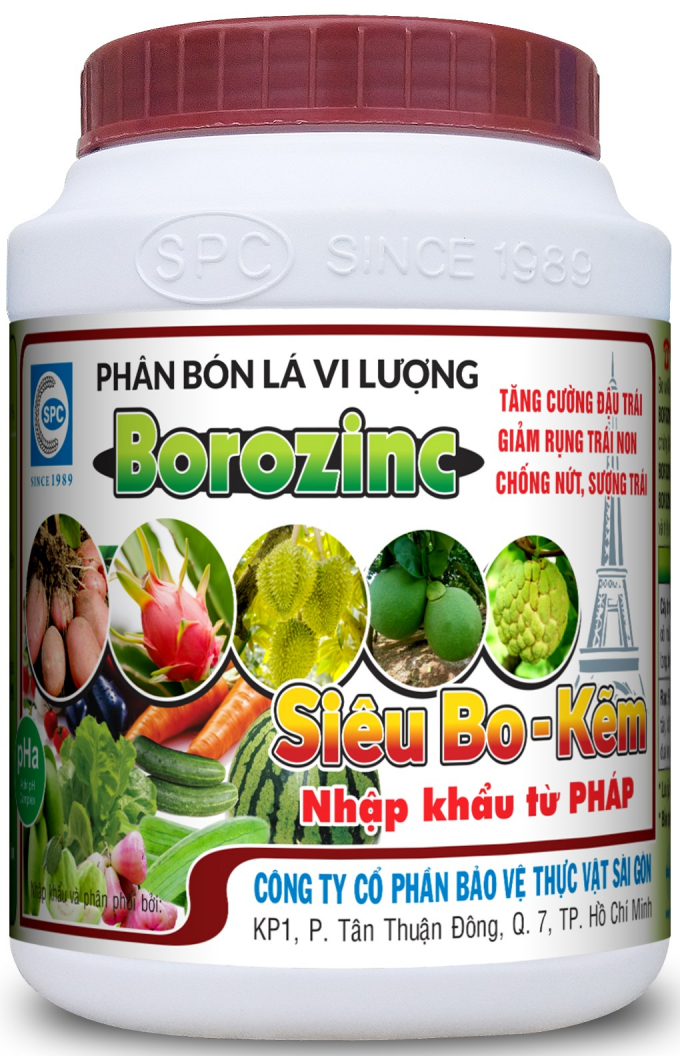 BOROZIN là phân bón lá vi lượng chứa Bo và Kẽm dễ tiêu với hàm lượng rất cao, được nhập khẩu từ Pháp Quốc do Công ty CP BVTV Sài Gòn độc quyền phân phối. Ảnh: Công Hoàng.