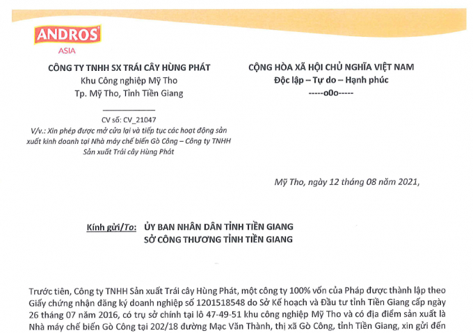 Công ty Hùng Phát gửi văn bản đến UBND tỉnh Tiền Giang mong muốn được hoạt động trở lại. Ảnh chụp màn hình văn bản số Công văn 21047 của Công ty Hùng Phát.