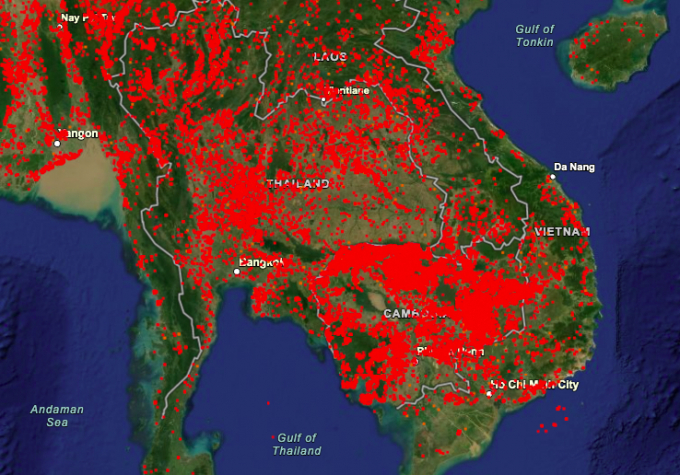Các chấm đỏ biểu thị bản đồ nhiệt xuất phát từ nạn đốt đồng của nông dân khu vực Đông Nam Á trong những ngày cao điểm của năm 2021. Nguồn: Enterprises.modaps