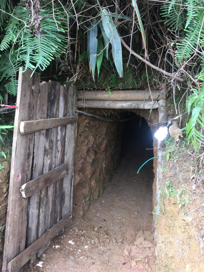 Lối vào một hầm lò khai thác trái phép sáng đèn cả ban ngày. Ảnh: H.Đ.