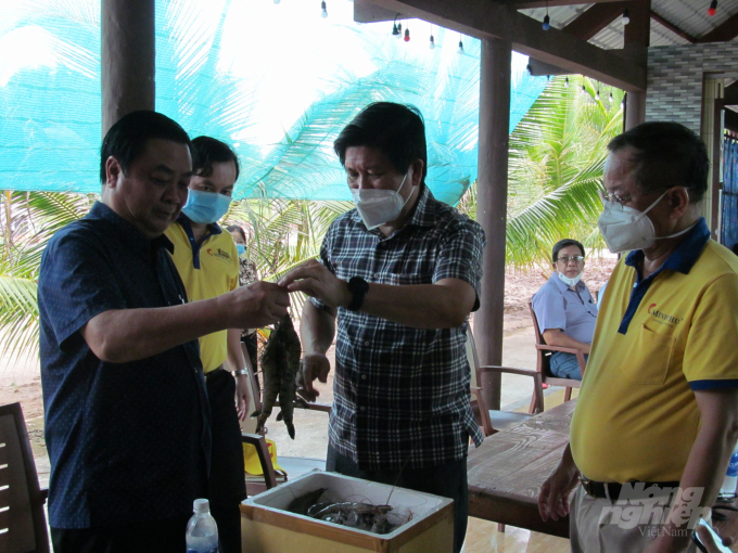 Bộ trưởng Lê Minh Hoan (bên trái), cùng lãnh đạo UBND tỉnh Cà Mau thăm mô hình Hội quán tôm rừng Rạch Gốc (huyện Ngọc Hiển, Cà Mau). Ảnh: Trọng Linh.