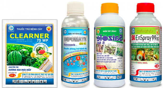 Các sản phẩm phòng trị hữu hiệu bệnh đốm sọc lá chuối và các loại sâu bệnh khác trên cây trồng của Công ty Cổ phần BVTV Sài Gòn (SPC). Ảnh: Minh Tuyên.