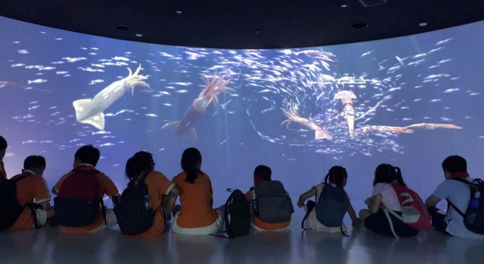 Trẻ em xem màn hình lớn giới thiệu về mực tại bảng tàng ở Chu Sơn, tỉnh Chiết Giang. Chu Sơn cũng là nơi có đội tàu đánh bắt đại dương lớn nhất Trung Quốc. Ảnh: AP.