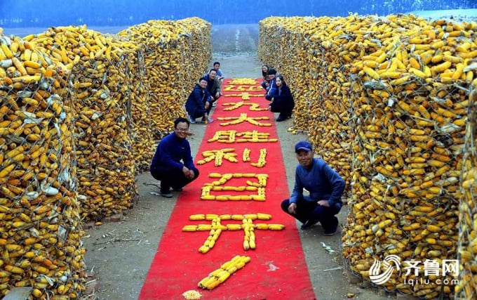 Người dân ở thành phố Liêu Thành, tỉnh Sơn Đông xếp hình ngô chào mừng Đại hội Đảng Cộng sản Trung Quốc lần thứ 19 hồi tháng 10/2017. Ảnh: THX
