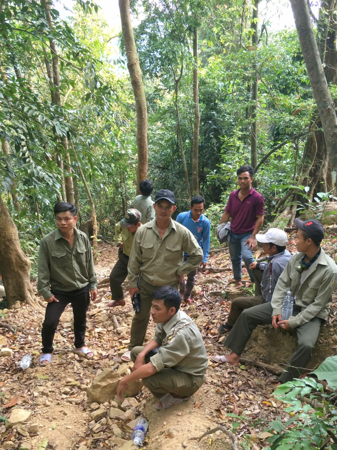 Phút nghỉ ngơi giữa rừng phòng hộ trong chuyến tuần tra của lực lượng bảo vệ rừng của Ban Quản lý Rừng phòng hộ huyện Vân Canh (Bình Định). Ảnh: Đ.T.