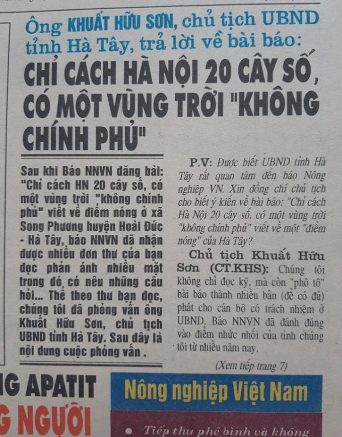 Ông Khuất Hữu Sơn - Chủ tịch UBND tỉnh Hà Tây trả lời phỏng vấn báo NNVN về loạt bài 'Chỉ cách Hà Nội 20 cây số: Có một vùng trời 'không Chính phủ'.  