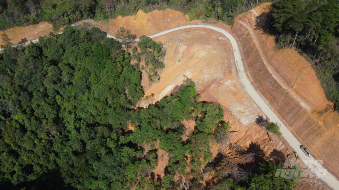 Doanh nghiệp làm đường không đổ thải đúng nơi quy định, mà san lấp luôn vào phần đất rừng tự nhiên thuộc Vườn Quốc gia Phja Oắc - Phja Đén. Ảnh: TN.