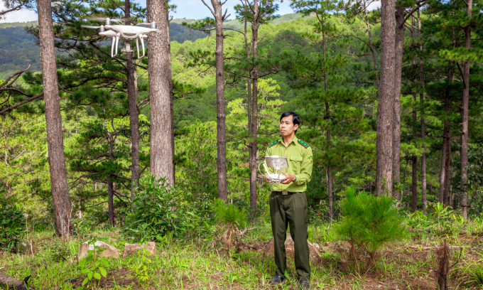 Cán bộ kiểm lâm điều khiển flycam để kiểm tra cháy rừng. Ảnh: GIZ/Bình Đặng.