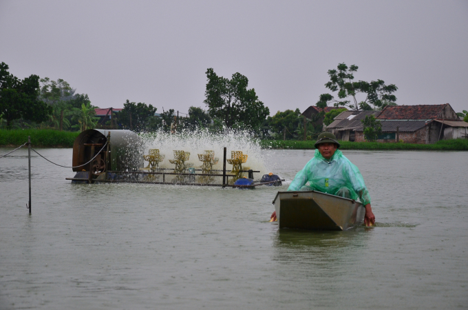 Ông Hữu bên đang bơi thuyền kiểm tra ao nuôi. Ảnh: NNVN.