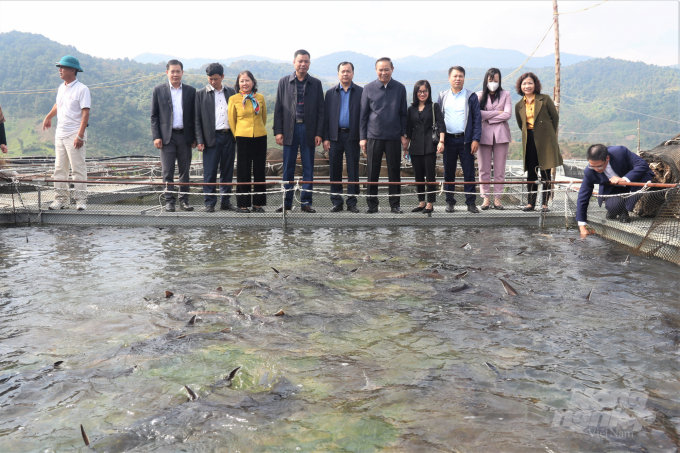 Thứ trưởng Phùng Đức Tiến (thứ 5 từ phải) cùng đoàn công tác của Bộ NN-PTNT thăm mô hình nuôi cá tầm tại xã Mường Trai, huyện Mường La, tỉnh Sơn La. Ảnh: Quỳnh Anh.